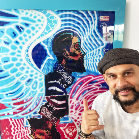 “SlausonBoy Neon artwork by Chris Marie – Nipsey Hussle tribute portrait in red and blue tones with mirrored design.”