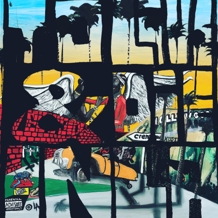 Alt text: To Live and Die in LA artwork mural by Chris Marie featuring Tupac and Nipsey Hussle
